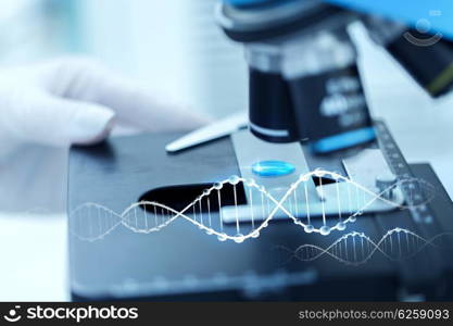 science, chemistry, biology, medicine and people concept - close up of scientist hand with test sample making research in clinical laboratory with dna molecule structure