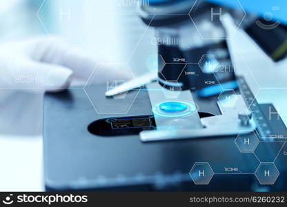 science, chemistry, biology, medicine and people concept - close up of scientist hand with test sample making research in clinical laboratory over hydrogen chemical formula