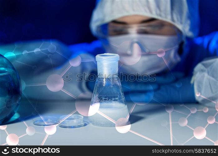 science, chemistry, biology, medicine and people concept - close up of young female scientist with chemical and flask making test or research in clinical laboratory