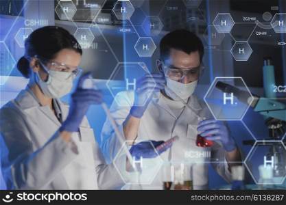 science, chemistry, biology, medicine and people concept - close up of young scientists with pipette and flasks making test or research in clinical laboratory over hydrogen chemical formula