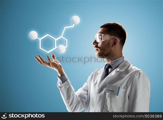 science, chemistry, biology, medicine and people concept - male doctor or scientist in white coat and safety glasses with molecular formula projection over blue background. scientist in safety glasses with molecular formula