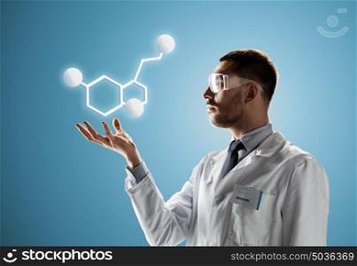 science, chemistry, biology, medicine and people concept - male doctor or scientist in white coat and safety glasses with molecular formula projection over blue background. scientist in safety glasses with molecular formula