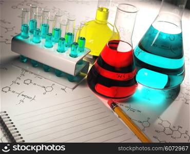 Science chemistry concept. Laboratory test tubes and flasks with colored liquids. 3d