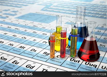 Science chemistry concept. Laboratory test tubes and flasks with colored liquids on the periodic table of elements. 3d illustration