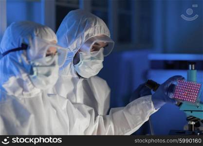 science, chemistry, medicine, research and people concept - close up of scientists looking at test sample plate in chemical laboratory