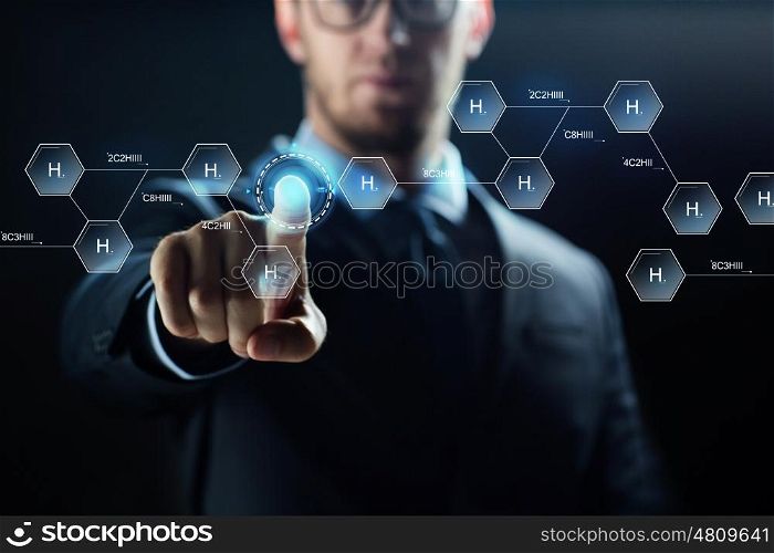 science, chemistry, people, future technology and cyberspace concept - close up scientist touching virtual chemical formula hologram over dark background