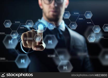 science, chemistry, people, future technology and cyberspace concept - close up scientist touching virtual chemical formula hologram over dark background
