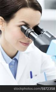 science, chemistry, technology, biology and people concept - close up of young female scientist face looking to microscope eyepiece and making or research in clinical laboratory