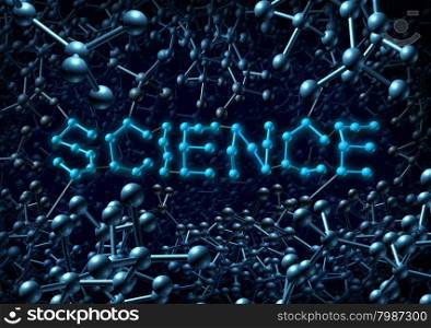 Science concept and chemistry symbol as a molecule group of three dimensional atoms shaped as text in a blue background connected together by chemical bonds as a molecular scientific symbol and education icon.