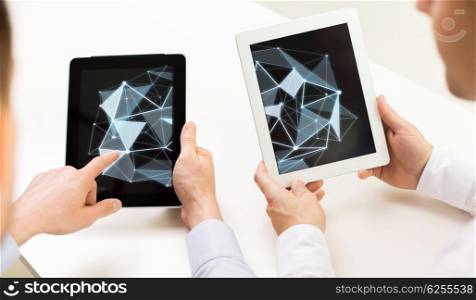 science, cyberspace, people and 3d technology concept - close up of businessman hands with low poly structure on tablet pc computer screens at office