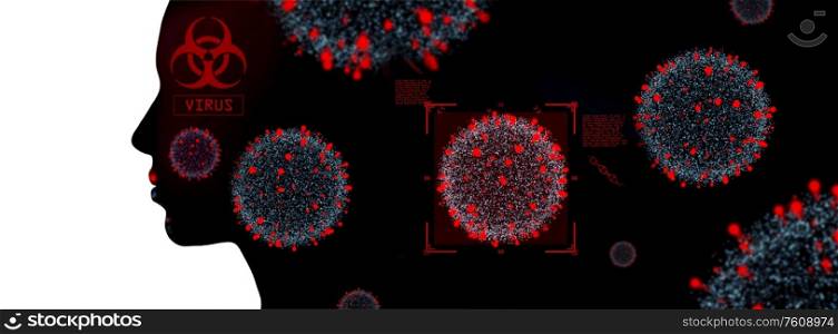 science, epidemic and biohazard concept - human silhouette with 3d rendering of coronavirus cells on black background. human silhouette with coronavirus cells on black