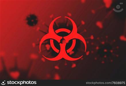 science, epidemic and biotechnology concept - 3d illustration of coronavirus cells with biohazard sign on dark red background. coronavirus cell with biohazard sign