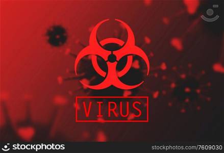 science, epidemic and biotechnology concept - 3d illustration of coronavirus cells with biohazard sign on dark red background. coronavirus cell with biohazard sign