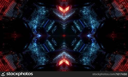 Science fiction 3d illustration abstract background design with glowing colorful neon illumination inside of dark endless tunnel. Visual light effect 3d illustration background