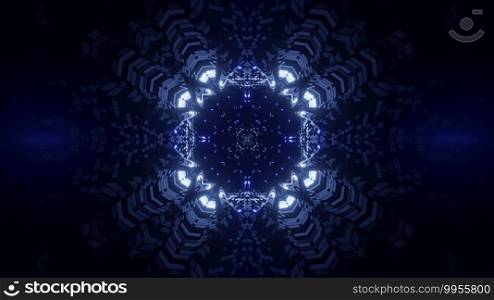 Science fiction 3d illustration abstract background with illuminated neon blue round space tunnel through dark universe with glowing stars. Abstract universe space tunnel 3d illustration