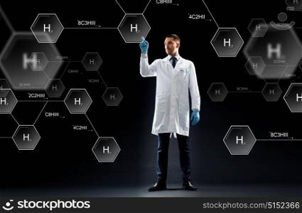 science, future technology and chemistry concept - doctor or scientist in white coat and medical gloves with virtual chemical formula projection over black background. scientist with virtual chemical formula projection