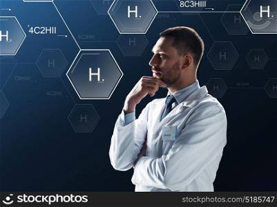 science, future technology and chemistry concept - doctor or scientist in white coat with virtual chemical formula projection over black background. scientist virtual chemical formula projection