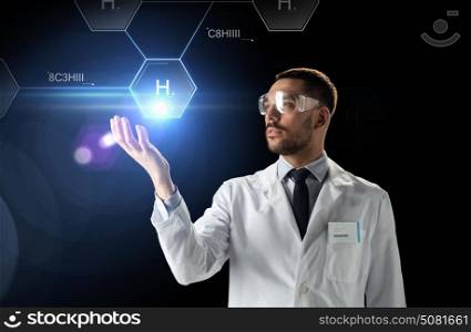 science, future technology and chemistry concept - male doctor or scientist in white lab coat and safety glasses with virtual chemical formula projection over black background. scientist in lab goggles chemical formula