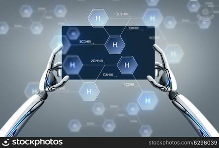 science, future technology and chemistry concept - robot hands with tablet pc and hydrogen chemical formula over gray background. robot hands with tablet pc and chemical formula