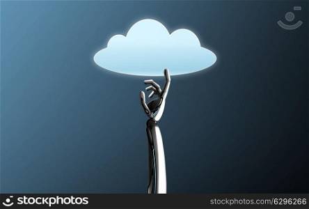 science, future technology and computing concept - robot hand with cloud icon over blue background. robot hand with cloud computing icon over blue