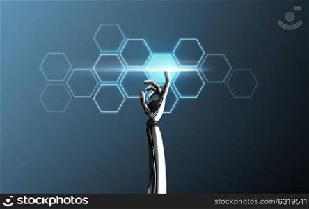 science, future technology and network concept - robot hand touching laser light and connected cells over blue background. robot hand touching network cells