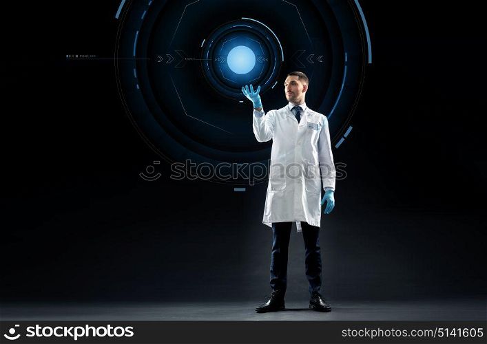 science, future technology and people concept - doctor or scientist in white coat over black background with virtual projection. doctor or scientist with virtual projection