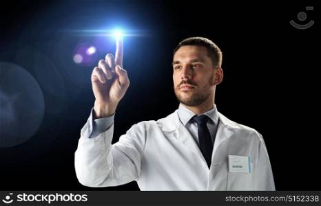 science, future technology and people concept - doctor or scientist in white coat with laser light over black background. doctor or scientist in white coat with laser light