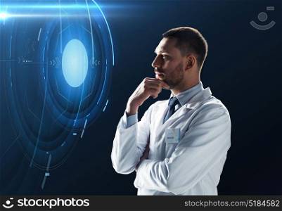 science, future technology and people concept - doctor or scientist in white coat over black background with virtual projection. doctor or scientist with virtual projection