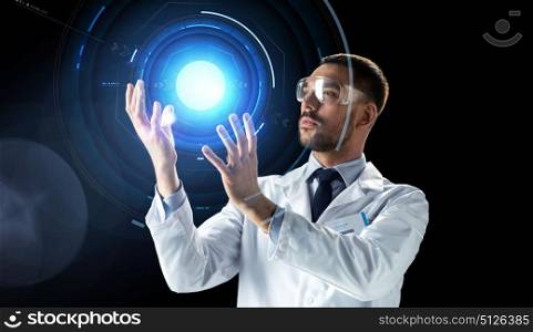 science, future technology and people concept - male doctor or scientist in white lab coat and safety glasses over black background with virtual projection. scientist in lab goggles with virtual projection