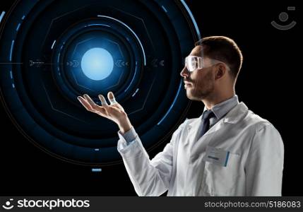 science, future technology and people concept - male doctor or scientist in white lab coat and safety glasses over black background with virtual projection. scientist in lab goggles with virtual projection