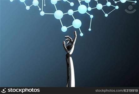 science, future technology and progress concept - robot hand touching molecule formula over blue background. robot hand touching molecule formula