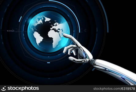 science, future technology and progress concept - robot hand touching virtual earth hologram over black background. robot hand touching virtual earth hologram