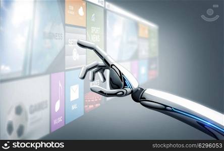 science, future technology and progress concept - robot hand touching virtual screen with applications over blue background. robot hand touching virtual screen with apps