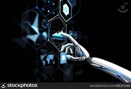 science, future technology and progress concept - robot hand touching virtual screen over black background. robot hand touching virtual screen over black . robot hand touching virtual screen over black