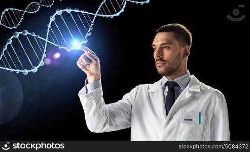 science, genetics and people concept - doctor or scientist in white coat with dna molecule projection over black background. doctor or scientist in white coat with dna. doctor or scientist in white coat with dna