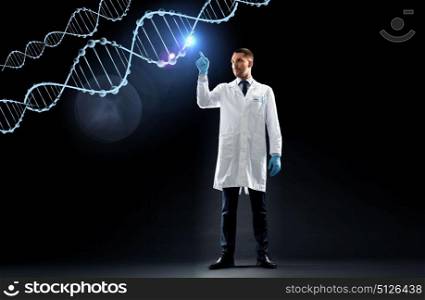 science, genetics and people concept - doctor or scientist in white coat and medical gloves with dna molecule projection over black background. scientist in lab coat and medical gloves with dna