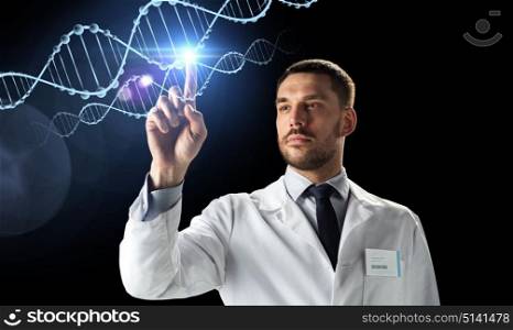 science, genetics and people concept - doctor or scientist in white coat with dna molecule projection over black background. doctor or scientist in white coat with dna