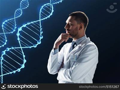 science, genetics and people concept - male doctor or scientist in white coat with dna molecule projection over black background. doctor or scientist in white coat with dna