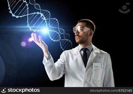 science, genetics and people concept - male doctor or scientist in white coat and safety glasses with dna molecule projection over black background. scientist in lab coat and safety glasses with dna