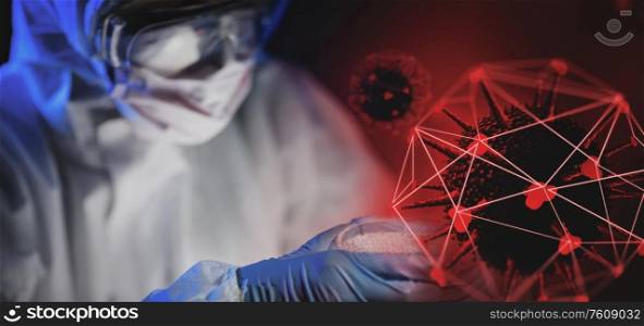 science, medicine and epidemic concept - close up of scientist wearing goggles and face protective mask over coronavirus hologram on dark background. close up of scientist and coronavirus hologram