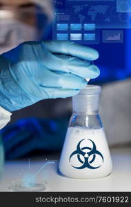 science, medicine and pandemic concept - close up of scientist with biohazard sign on flask making test or research in clinical laboratory. close up of scientist making test in lab