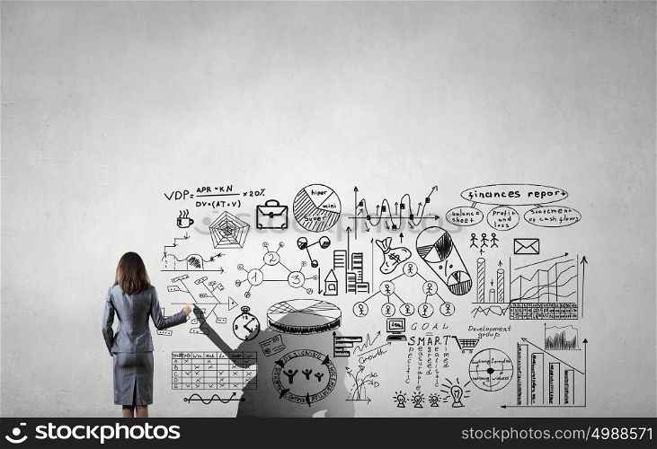 Science of business planning. Rear view of young businesswoman drawing strategy plan on screen