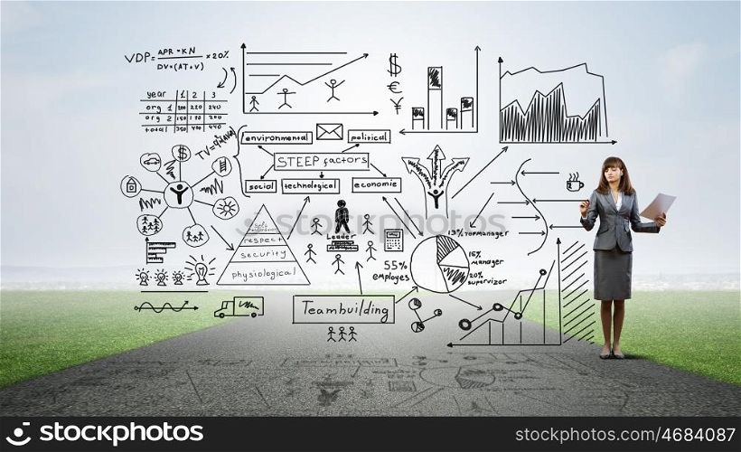 Science of business planning. Young businesswoman drawing strategy plan on screen