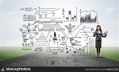 Science of business planning. Young businesswoman drawing strategy plan on screen