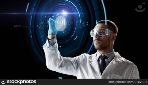 science, research and people concept - young scientist in safety glasses with test tube and virtual projection. scientist with test tube and virtual projection