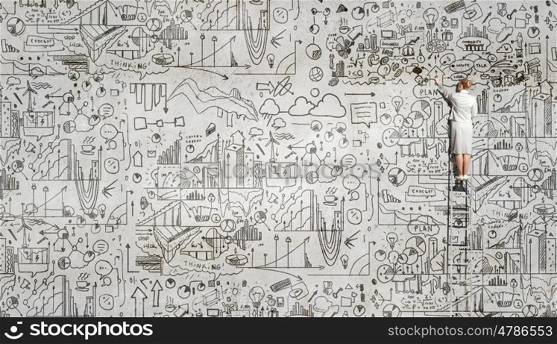 Science research. Rear view of woman standing on ladder and drawing science sketch on wall