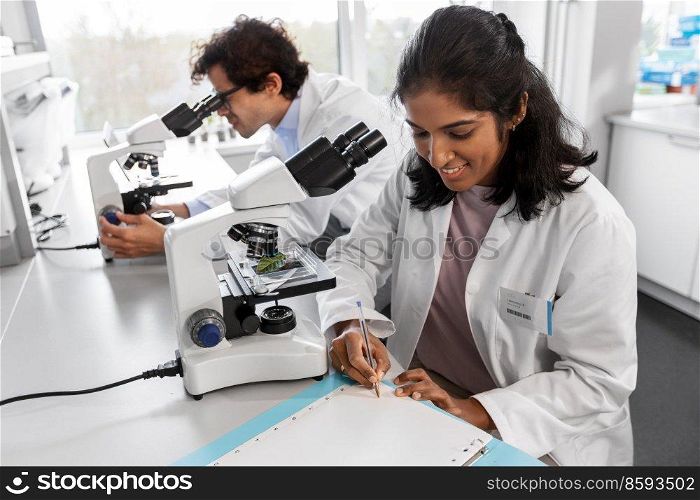 science research, work and people concept - international team of happy scientists with microscopes working in laboratory. scientists with microscopes working in laboratory