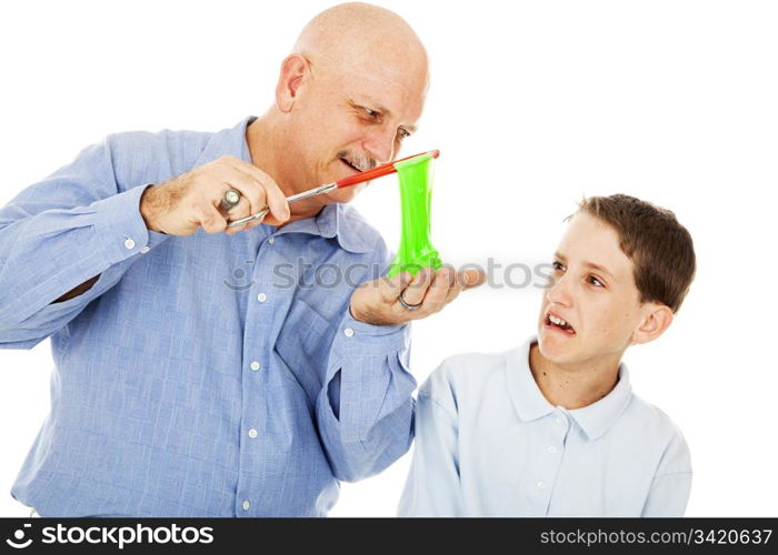 Science teacher showing a plasma-like substance to a student. The boy is completely disgusted. Isolated on white.