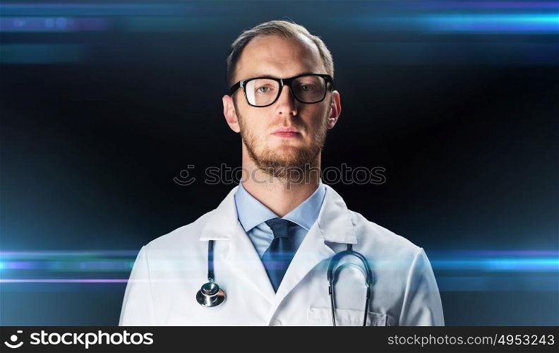 science, technology, people and medicine concept - close up of male doctor in white coat with stethoscope over dark background and laser light. close up of doctor in white coat with stethoscope