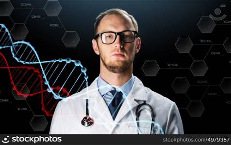science, technology, people and medicine concept - close up of male doctor in white coat with stethoscope and virtual dna molecules. close up of doctor in white coat with stethoscope